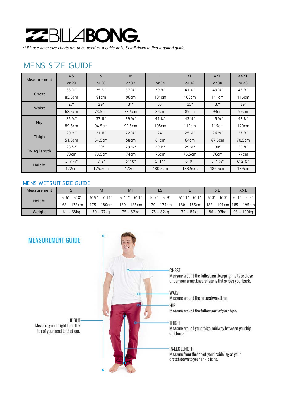 Mens Size Chart Billabong Download Printable PDF Templateroller