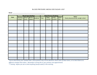 Document preview: Blood Pressure and Blood Sugar Log