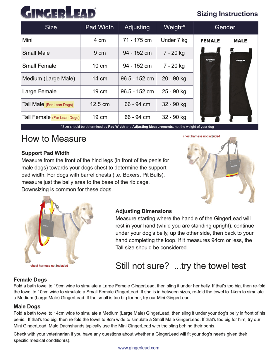 Dog Harness Sizing Chart for Gingerlead