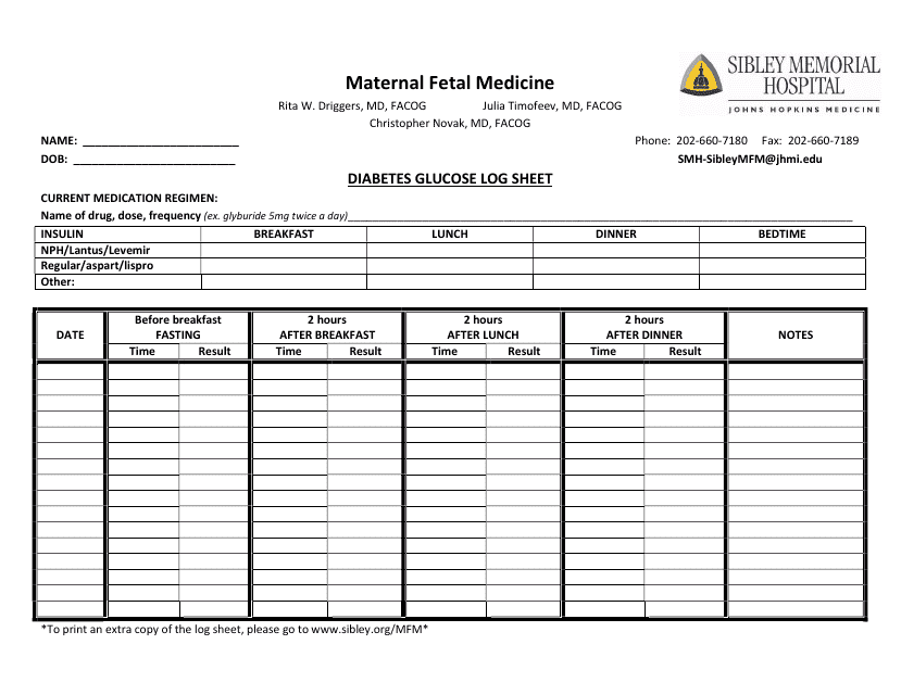 A Diabetes Glucose Log Consolidation Sheet displaying important data pertinent to managing blood sugar levels.