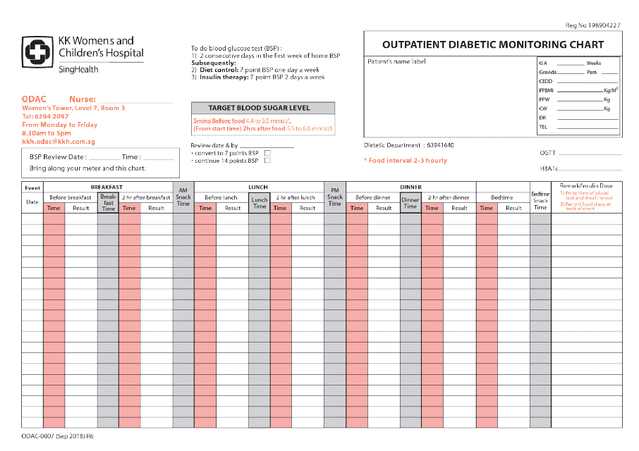 Outpatient Diabetic Monitoring Chart - Printable image of a comprehensive tracking chart used to monitor diabetes symptoms and track medication, glucose levels, exercise, and other important factors for managing diabetic care and treatment as an outpatient.
