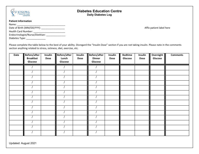 A properly filled Daily Diabetes Log template