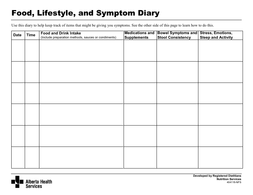 Food, Lifestyle, and Symptom Diary - Alberta, Canada Download Pdf