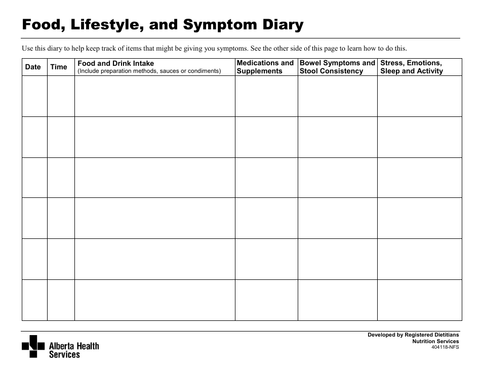 Food, Lifestyle, and Symptom Diary - Alberta, Canada, Page 1