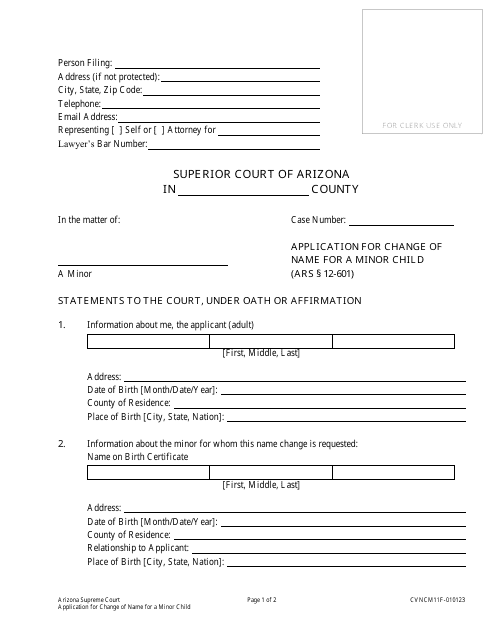 Form CVNCM11F Application for Change of Name for a Minor Child - Arizona