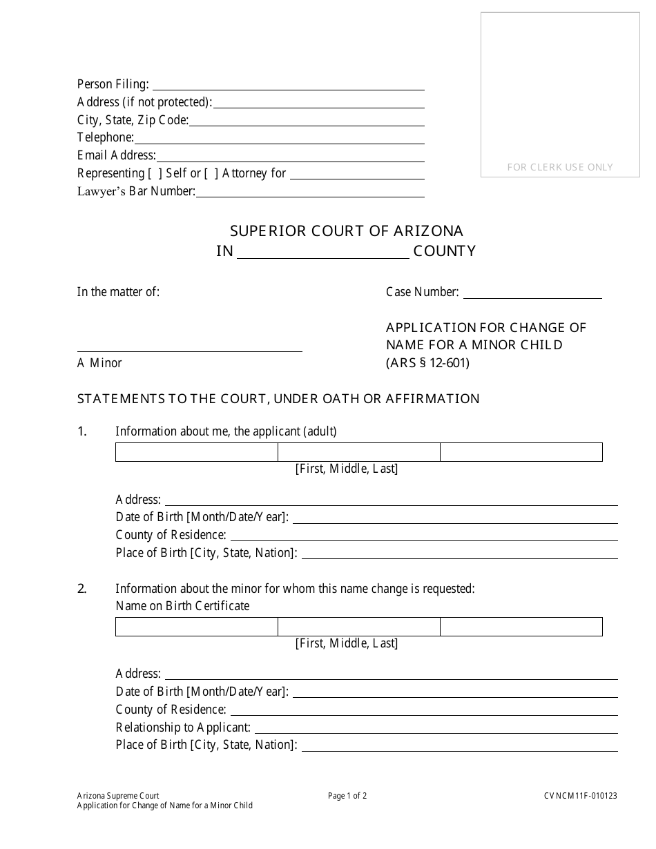 Form CVNCM11F Application for Change of Name for a Minor Child - Arizona, Page 1