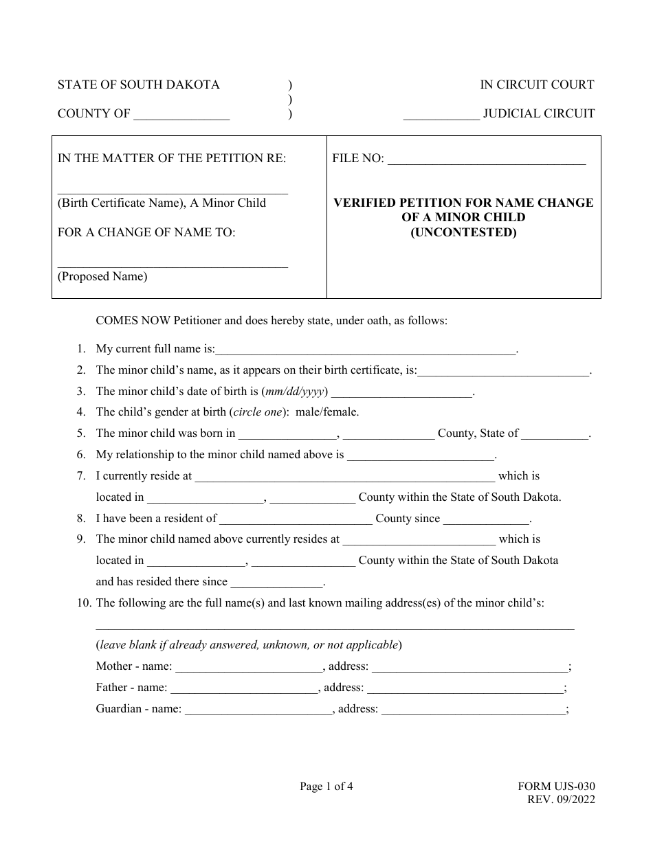 Form UJS-030 Verified Petition for Name Change of a Minor Child (Uncontested) - South Dakota, Page 1