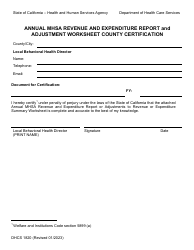 Document preview: Form DHCS1820 Annual MHSA Revenue and Expenditure Report and Adjustment Worksheet County Certification - California