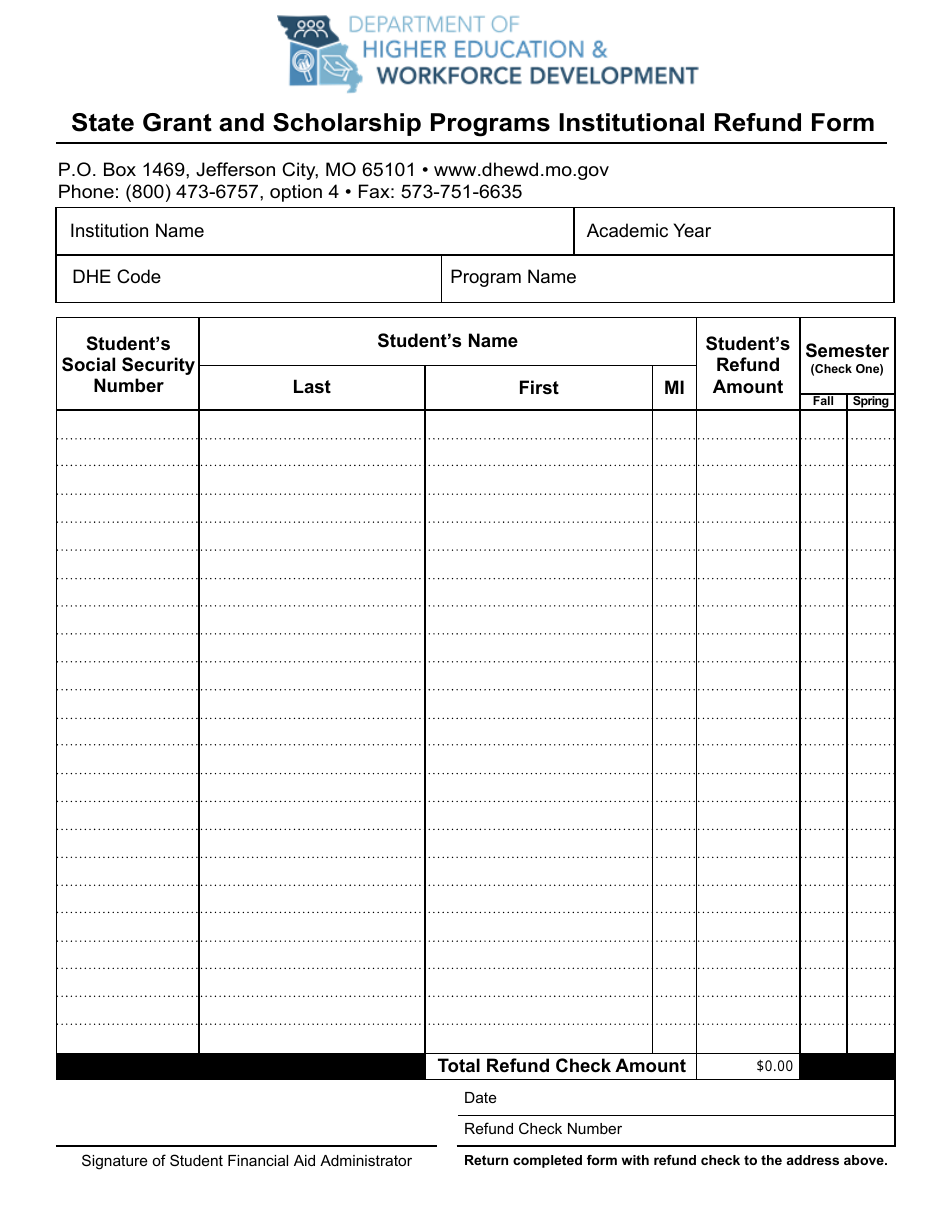 State Grant and Scholarship Programs Institutional Refund Form - Missouri, Page 1