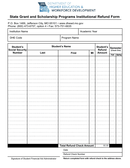 State Grant and Scholarship Programs Institutional Refund Form - Missouri Download Pdf