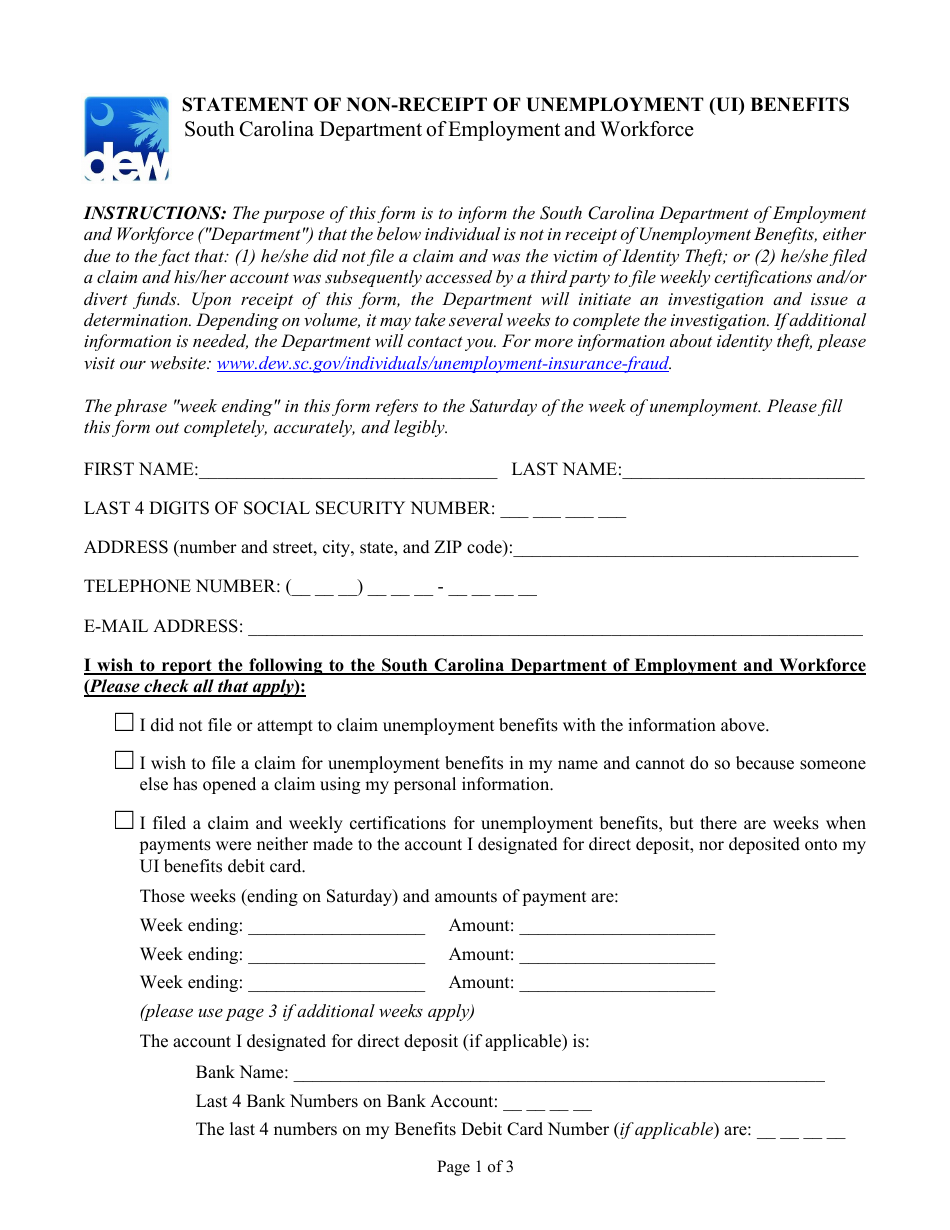 South Carolina Statement of Nonreceipt of Unemployment (Ui) Benefits