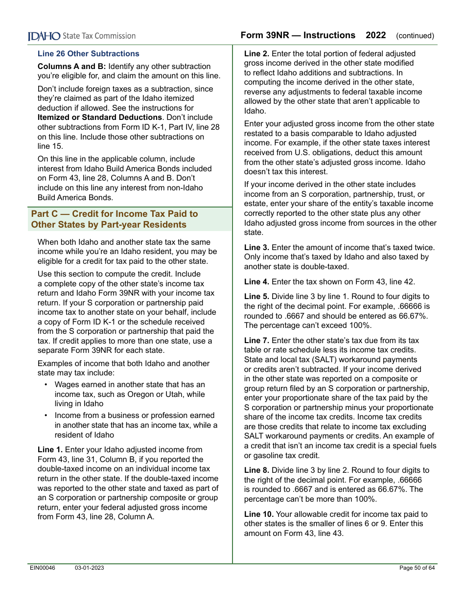 Form 39NR (EFO00087) Part-Year Resident and Nonresident Supplemental Schedule - Idaho, Page 13