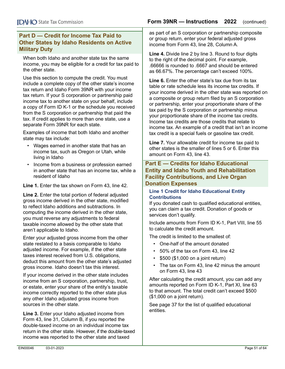 Form 39NR (EFO00087) Part-Year Resident and Nonresident Supplemental Schedule - Idaho, Page 14