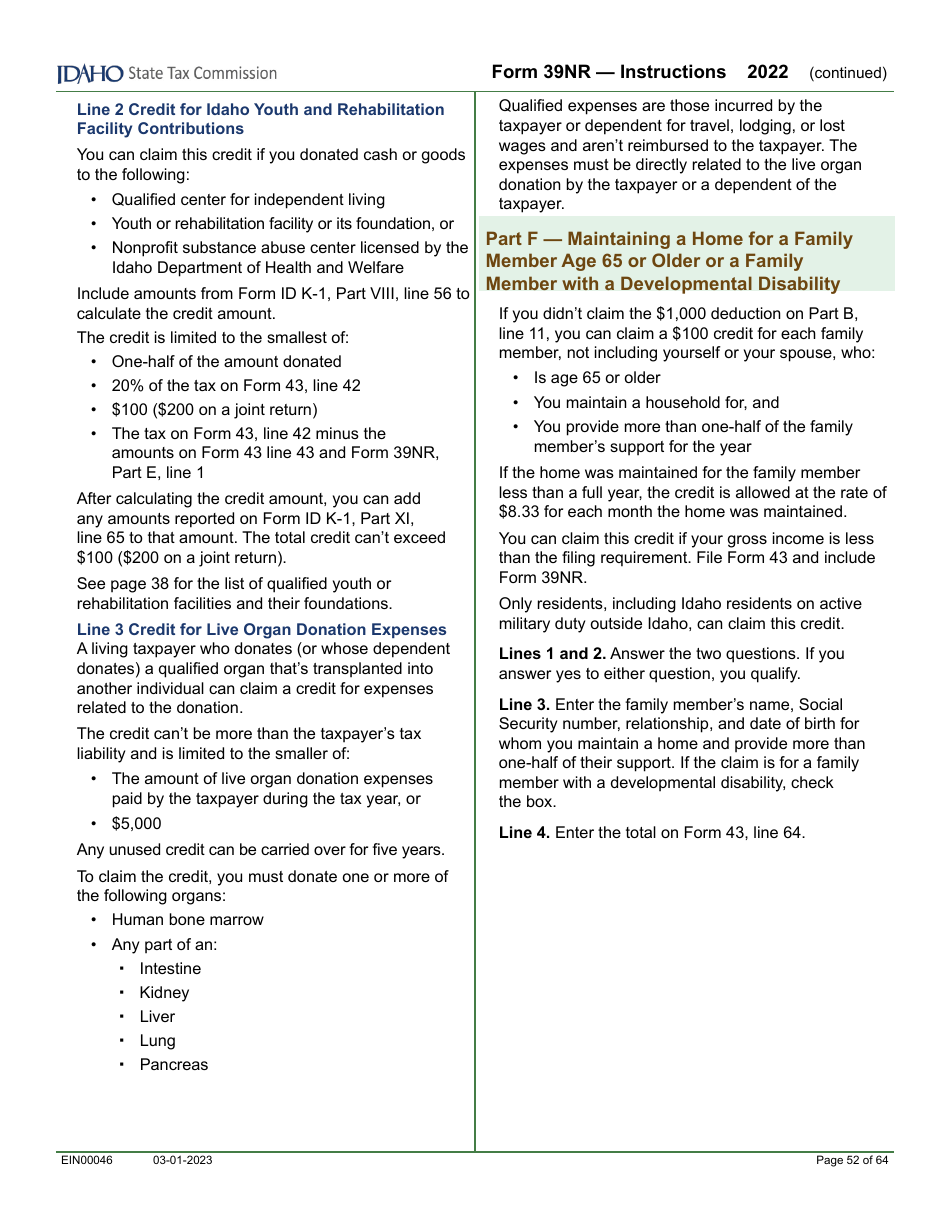 Form 39NR (EFO00087) Part-Year Resident and Nonresident Supplemental Schedule - Idaho, Page 15