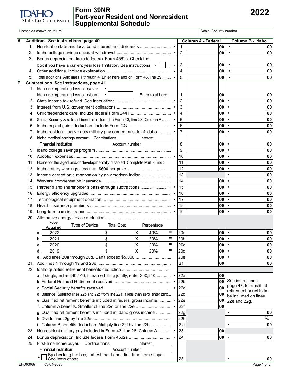 Form 39NR (EFO00087) Part-Year Resident and Nonresident Supplemental Schedule - Idaho, Page 1