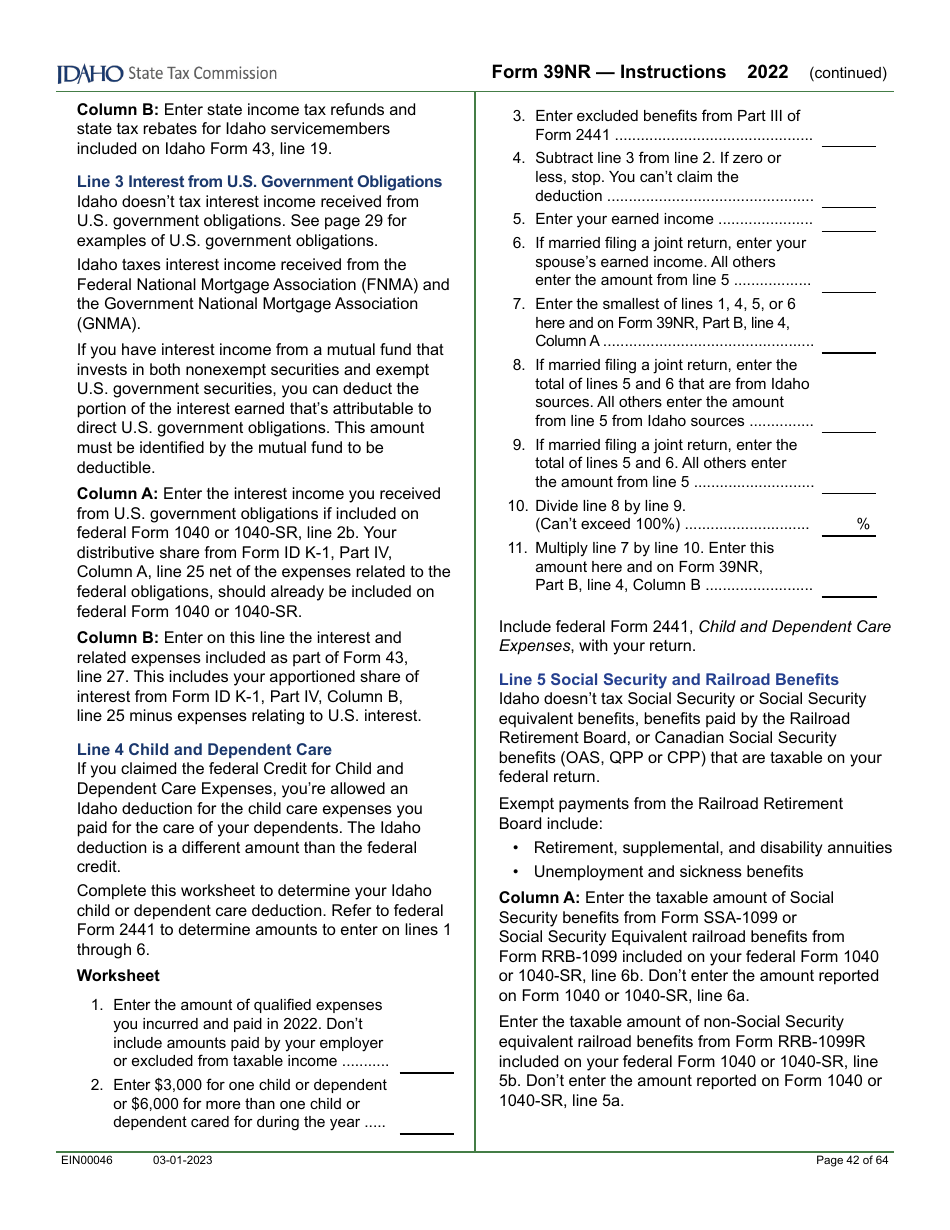 Form 39NR (EFO00087) Part-Year Resident and Nonresident Supplemental Schedule - Idaho, Page 5