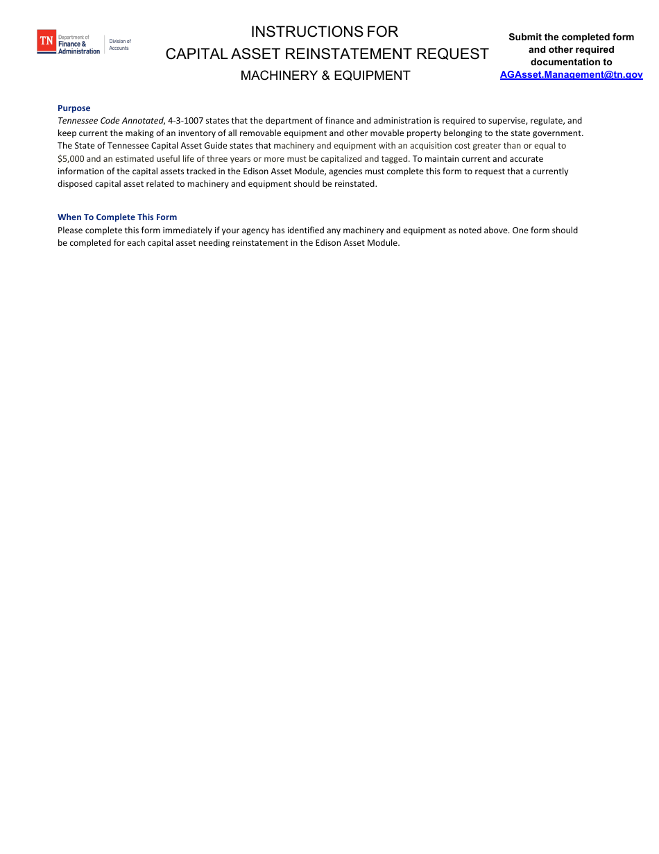 Form FA-1131 Capital Asset Reinstatement Request - Machinery  Equipment - Tennessee, Page 2