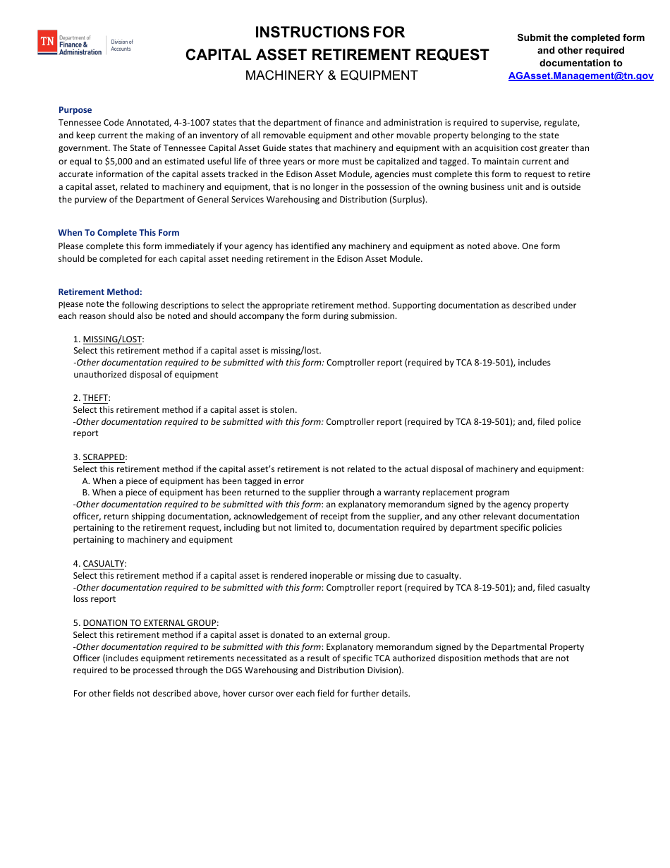 Form FA-1053 Capital Asset Retirement Request - Machinery  Equipment - Tennessee, Page 2
