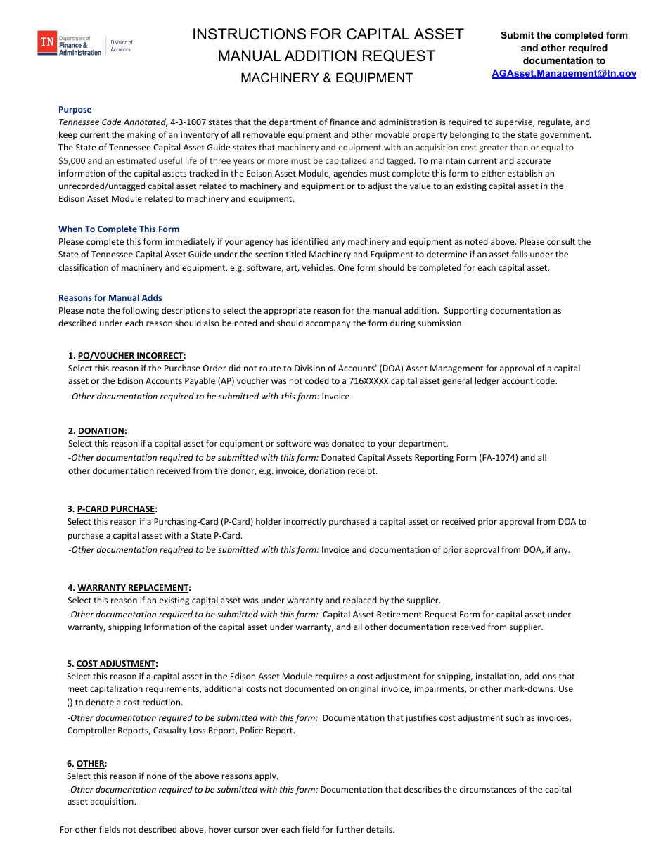 Form FA-1130 Capital Asset Manual Addition Request - Machinery  Equipment - Tennessee, Page 2