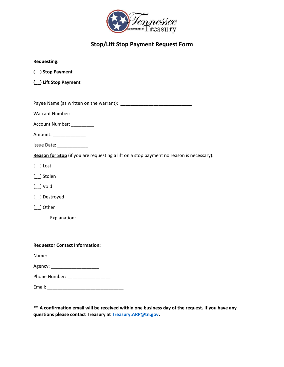 Stop / Lift Stop Payment Request Form - Tennessee, Page 1