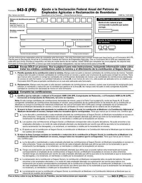 IRS Formulario 943-X (PR) Ajuste a La Declaracion Federal Anual Del Patrono De Empleados Agricolas O Reclamacion De Reembolso (Puerto Rican Spanish)