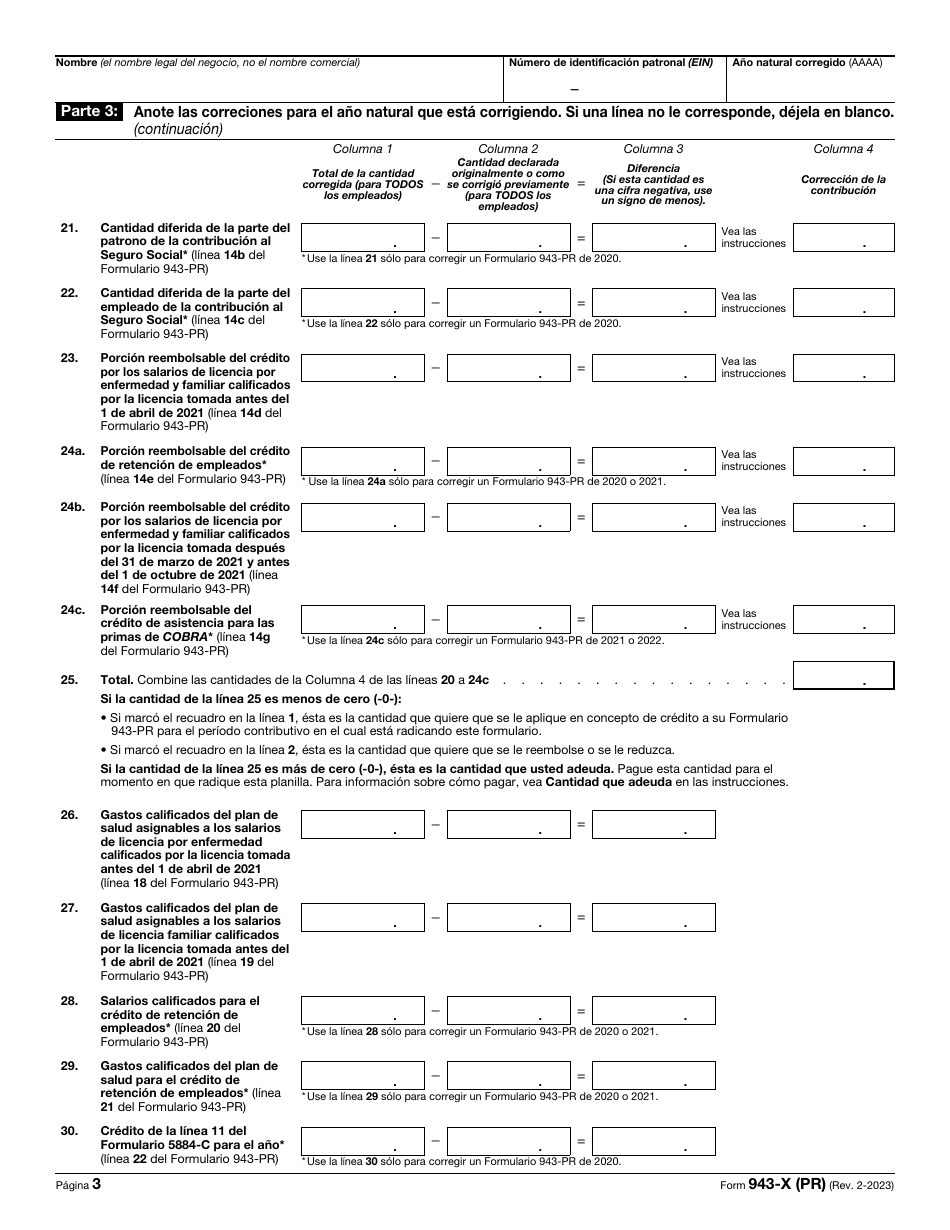 IRS Formulario 943-X (PR) Ajuste a La Declaracion Federal Anual Del Patrono De Empleados Agricolas O Reclamacion De Reembolso (Puerto Rican Spanish), Page 3