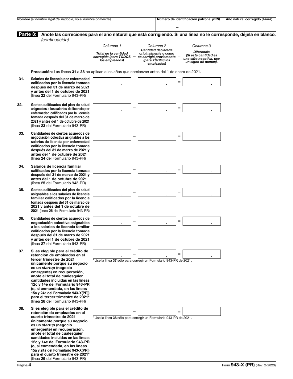 IRS Formulario 943-X (PR) Ajuste a La Declaracion Federal Anual Del Patrono De Empleados Agricolas O Reclamacion De Reembolso (Puerto Rican Spanish), Page 4