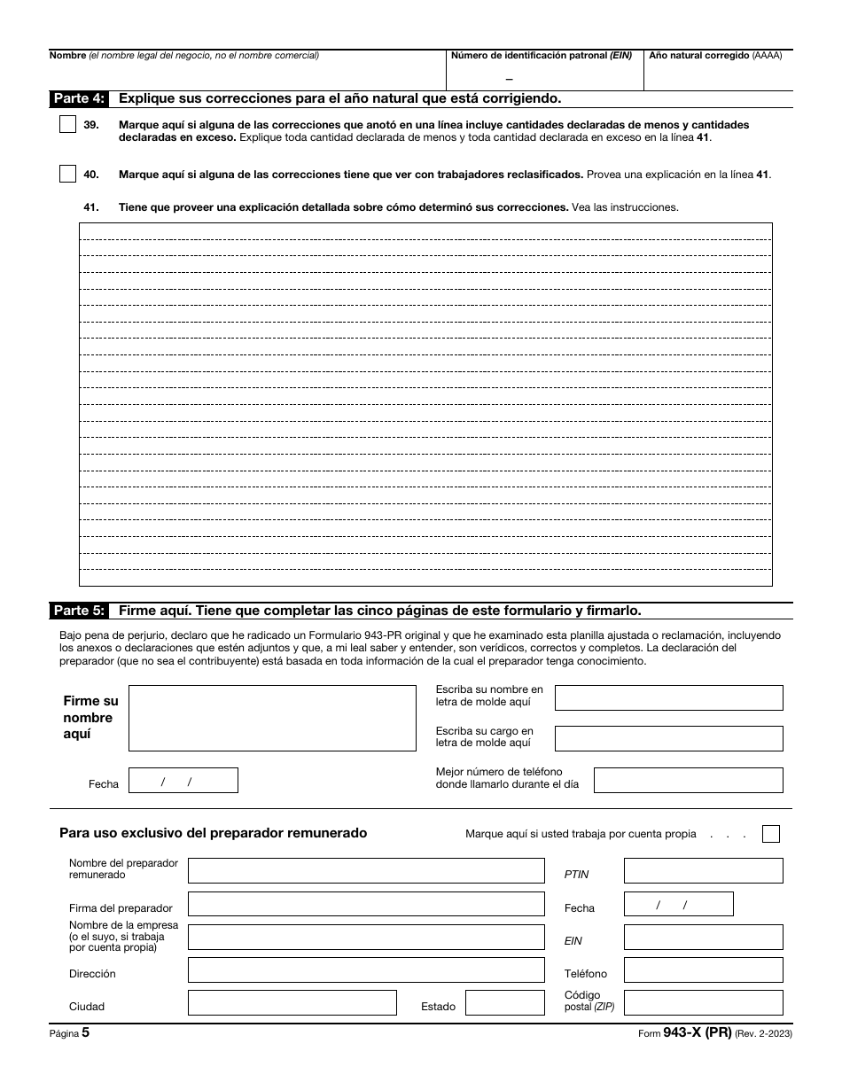 IRS Formulario 943-X (PR) Ajuste a La Declaracion Federal Anual Del Patrono De Empleados Agricolas O Reclamacion De Reembolso (Puerto Rican Spanish), Page 5