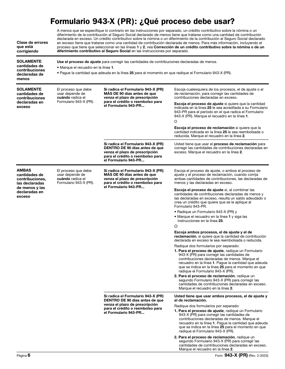 IRS Formulario 943-X (PR) Ajuste a La Declaracion Federal Anual Del Patrono De Empleados Agricolas O Reclamacion De Reembolso (Puerto Rican Spanish), Page 6