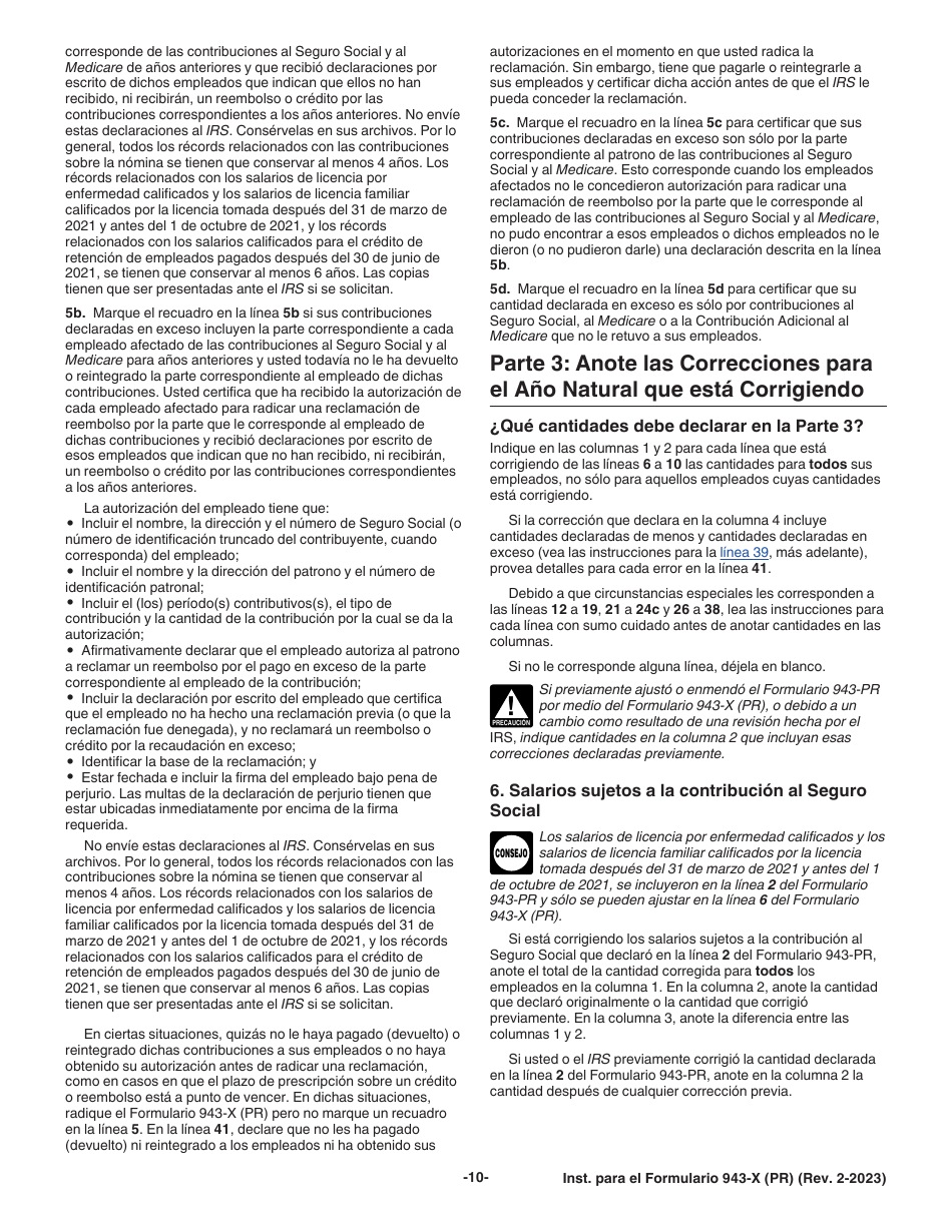 Instrucciones para IRS Formulario 943-X (PR) Ajuste a La Declaracion Federal Anual Del Patrono De Empleados Agricolas O Reclamacion De Reembolso (Puerto Rican Spanish), Page 10