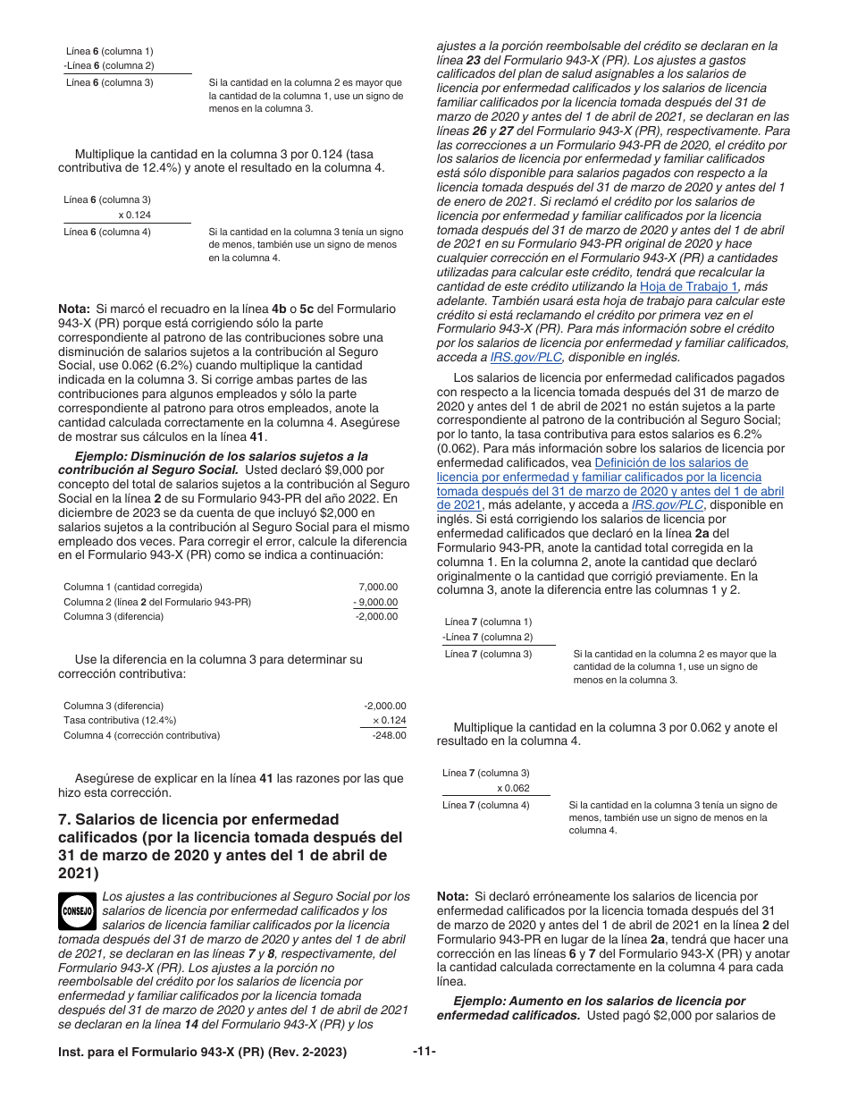 Instrucciones para IRS Formulario 943-X (PR) Ajuste a La Declaracion Federal Anual Del Patrono De Empleados Agricolas O Reclamacion De Reembolso (Puerto Rican Spanish), Page 11