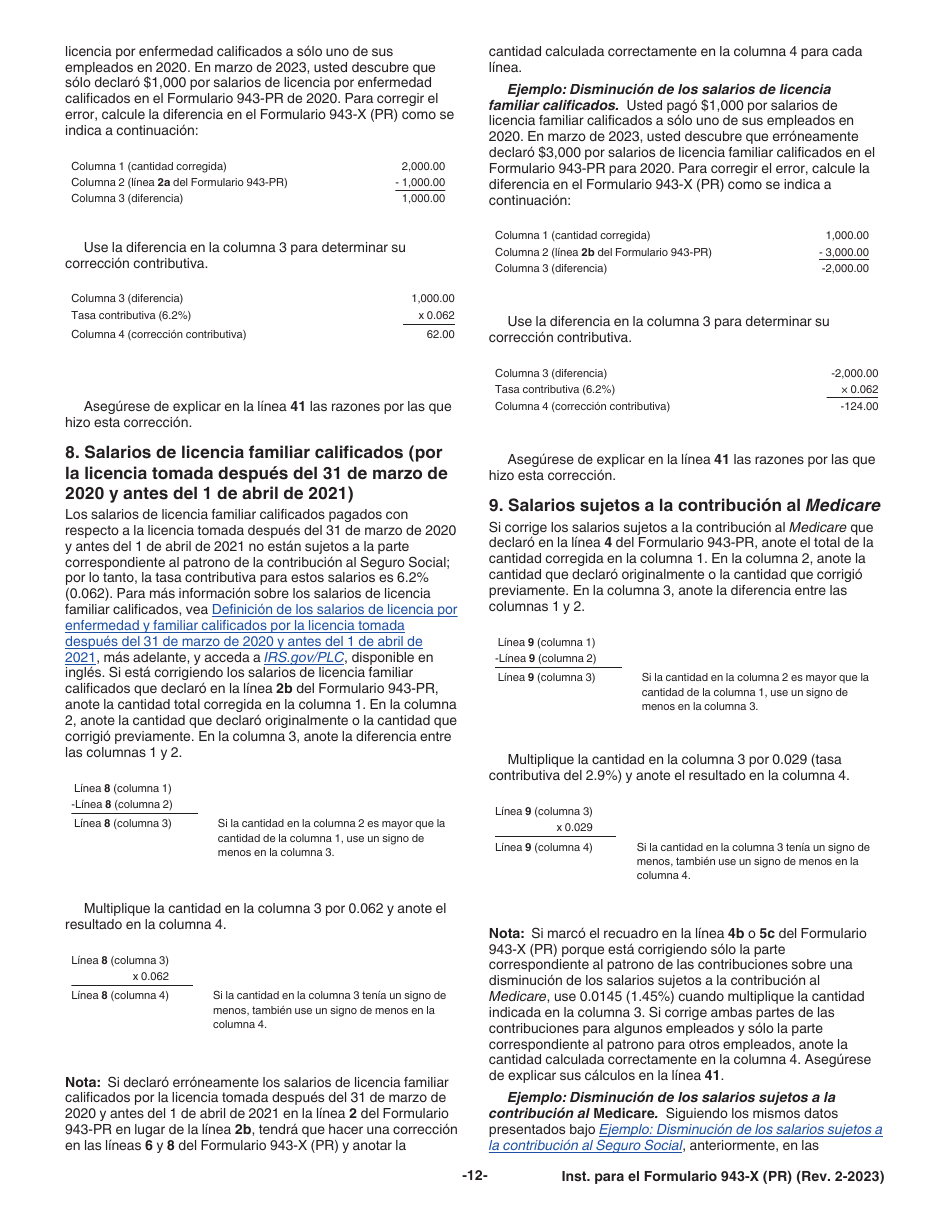 Instrucciones para IRS Formulario 943-X (PR) Ajuste a La Declaracion Federal Anual Del Patrono De Empleados Agricolas O Reclamacion De Reembolso (Puerto Rican Spanish), Page 12