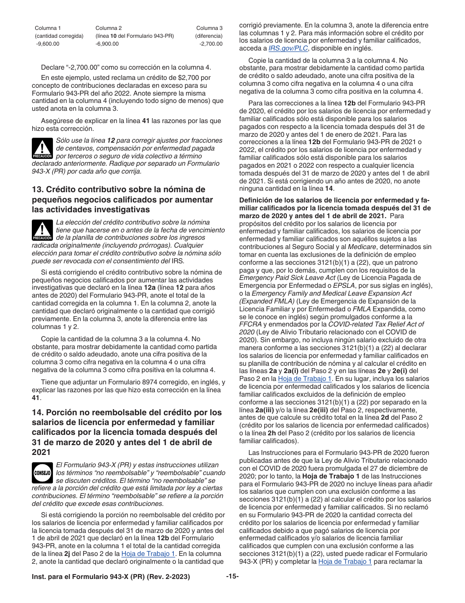 Instrucciones para IRS Formulario 943-X (PR) Ajuste a La Declaracion Federal Anual Del Patrono De Empleados Agricolas O Reclamacion De Reembolso (Puerto Rican Spanish), Page 15