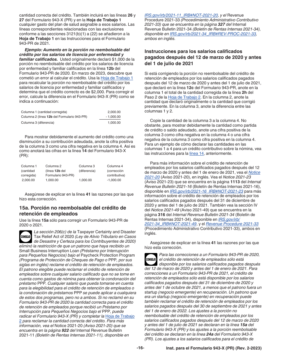 Instrucciones para IRS Formulario 943-X (PR) Ajuste a La Declaracion Federal Anual Del Patrono De Empleados Agricolas O Reclamacion De Reembolso (Puerto Rican Spanish), Page 16