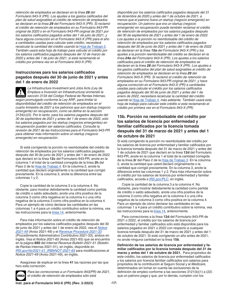 Instrucciones para IRS Formulario 943-X (PR) Ajuste a La Declaracion Federal Anual Del Patrono De Empleados Agricolas O Reclamacion De Reembolso (Puerto Rican Spanish), Page 17