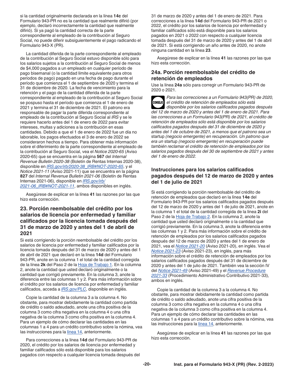 Instrucciones para IRS Formulario 943-X (PR) Ajuste a La Declaracion Federal Anual Del Patrono De Empleados Agricolas O Reclamacion De Reembolso (Puerto Rican Spanish), Page 20