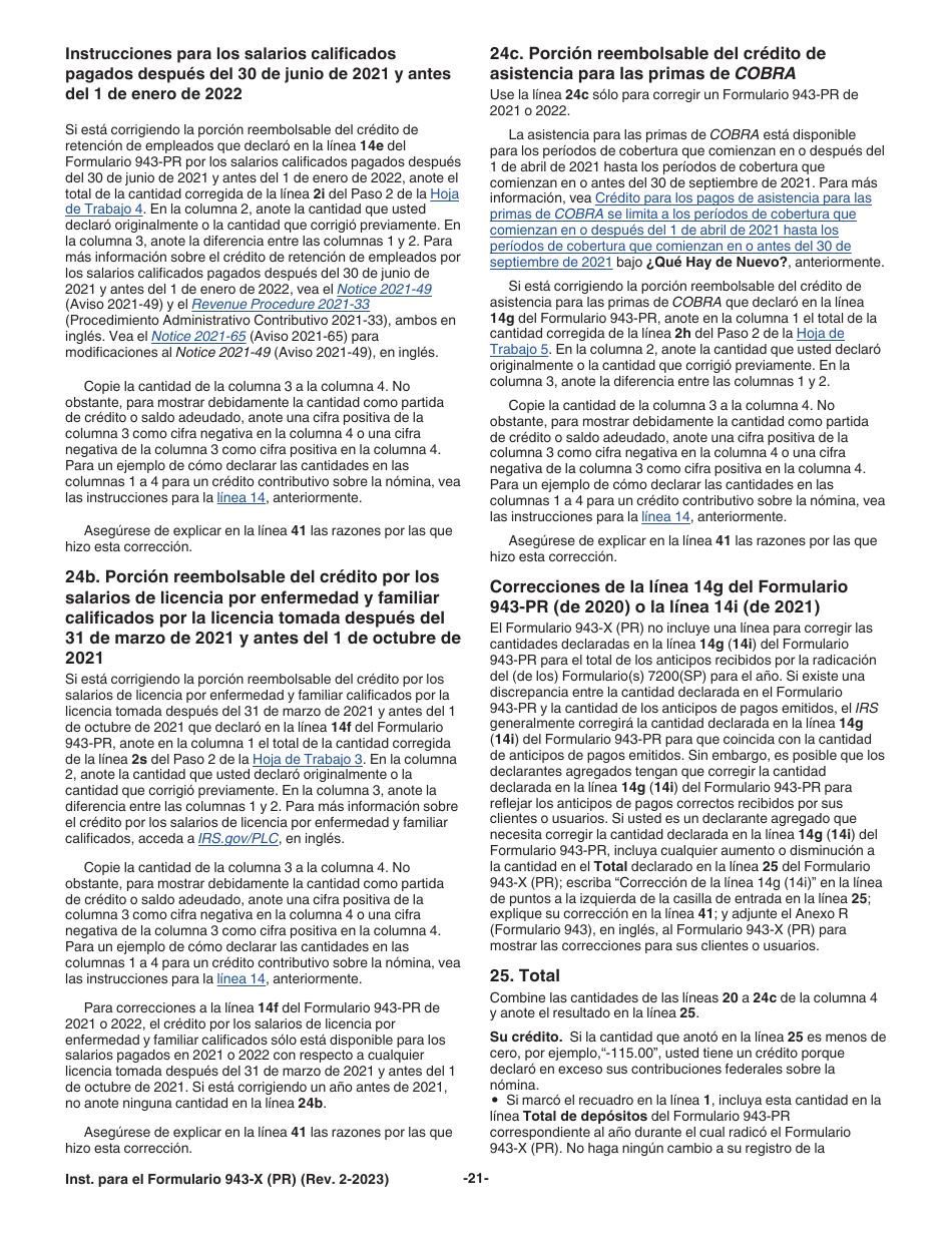 Instrucciones para IRS Formulario 943-X (PR) Ajuste a La Declaracion Federal Anual Del Patrono De Empleados Agricolas O Reclamacion De Reembolso (Puerto Rican Spanish), Page 21