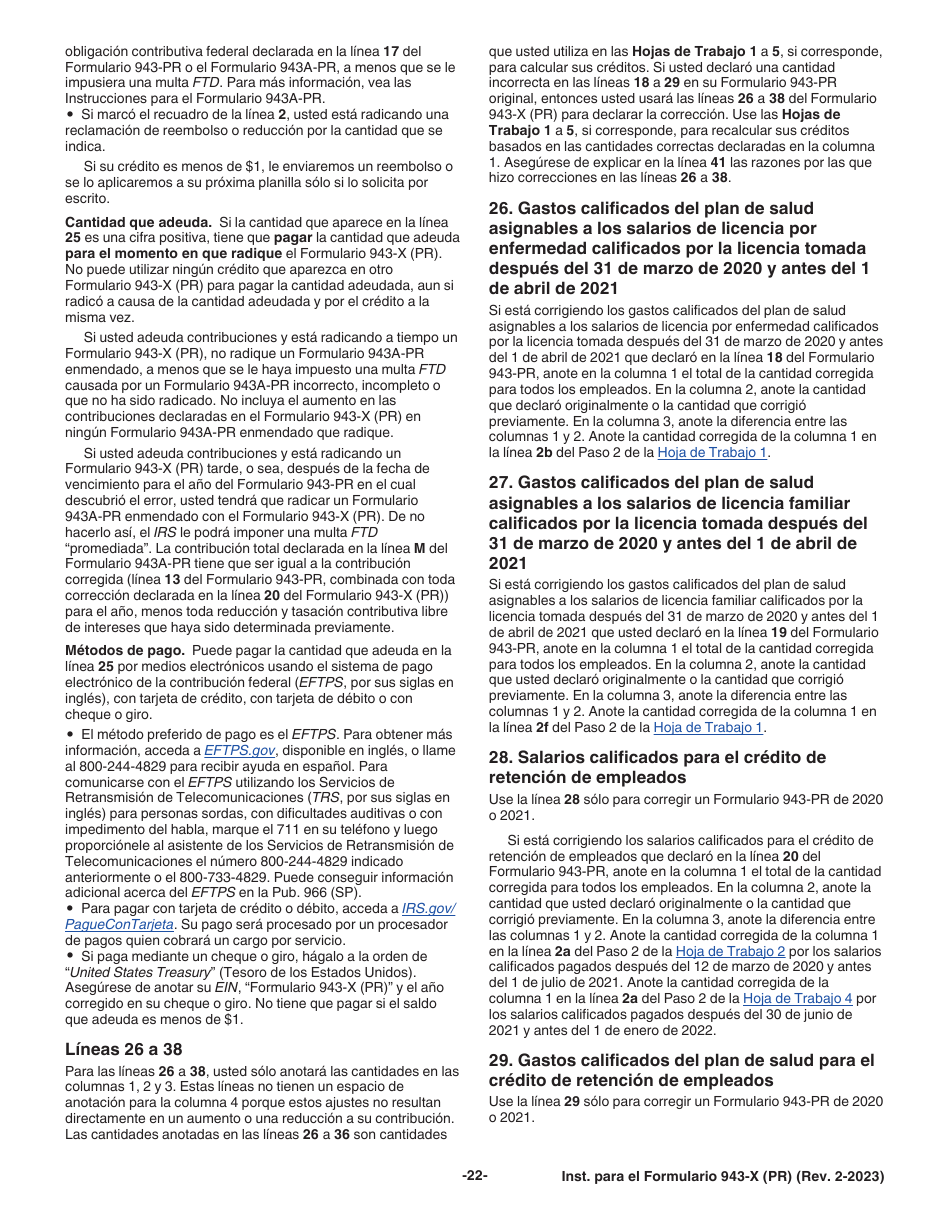 Instrucciones para IRS Formulario 943-X (PR) Ajuste a La Declaracion Federal Anual Del Patrono De Empleados Agricolas O Reclamacion De Reembolso (Puerto Rican Spanish), Page 22