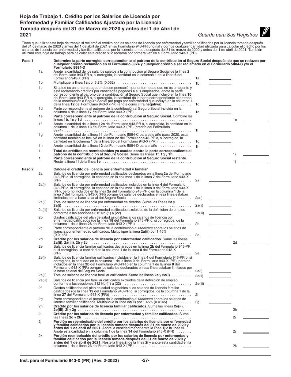 Instrucciones para IRS Formulario 943-X (PR) Ajuste a La Declaracion Federal Anual Del Patrono De Empleados Agricolas O Reclamacion De Reembolso (Puerto Rican Spanish), Page 27