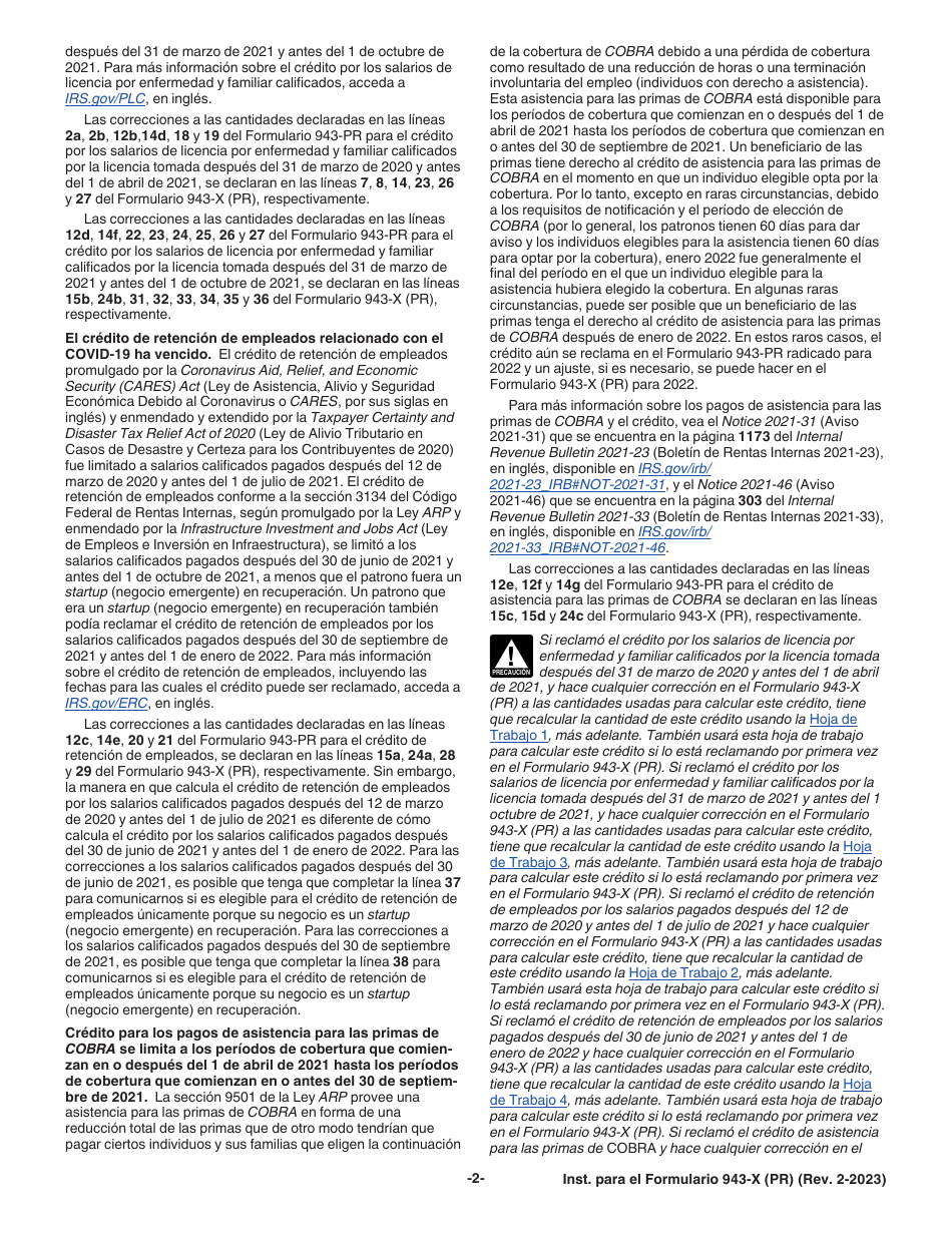 Instrucciones para IRS Formulario 943-X (PR) Ajuste a La Declaracion Federal Anual Del Patrono De Empleados Agricolas O Reclamacion De Reembolso (Puerto Rican Spanish), Page 2