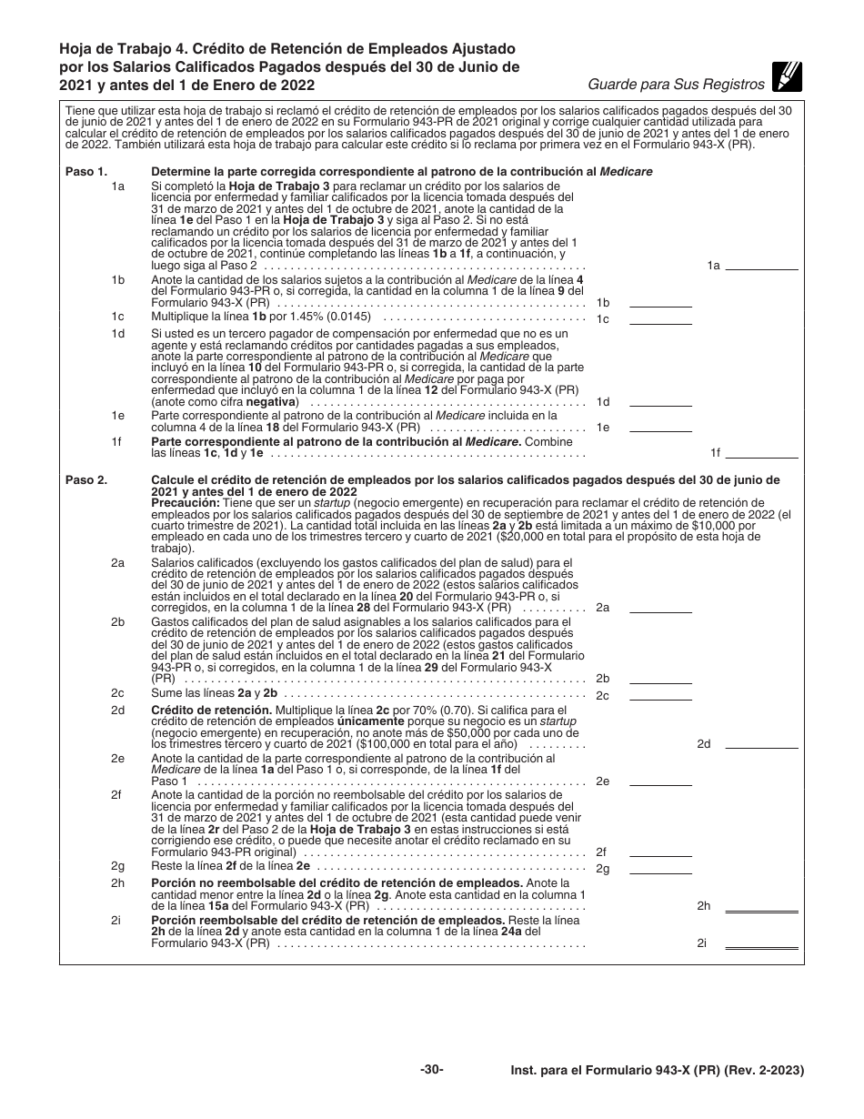Instrucciones para IRS Formulario 943-X (PR) Ajuste a La Declaracion Federal Anual Del Patrono De Empleados Agricolas O Reclamacion De Reembolso (Puerto Rican Spanish), Page 30