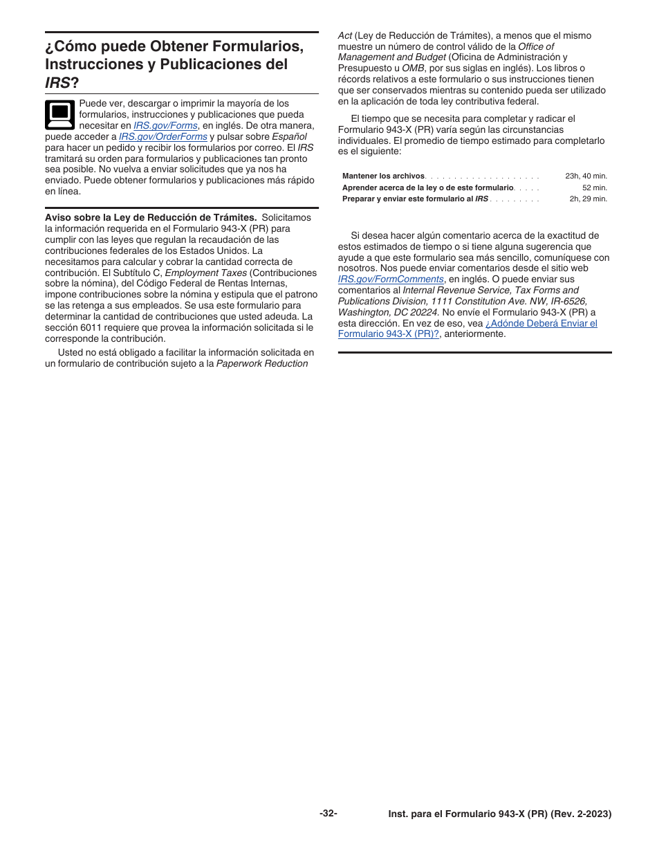 Instrucciones para IRS Formulario 943-X (PR) Ajuste a La Declaracion Federal Anual Del Patrono De Empleados Agricolas O Reclamacion De Reembolso (Puerto Rican Spanish), Page 32
