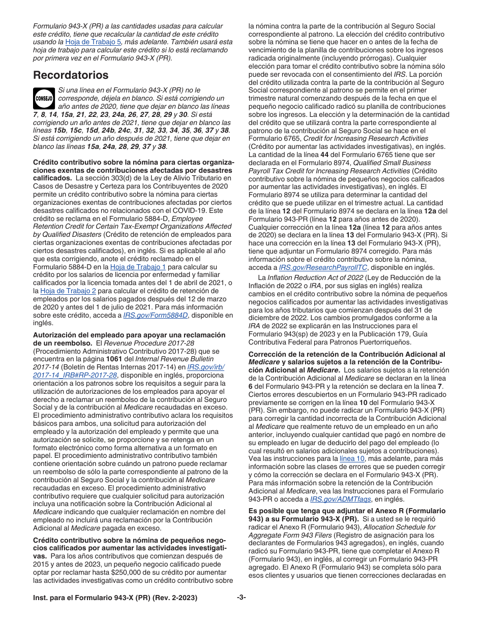 Instrucciones para IRS Formulario 943-X (PR) Ajuste a La Declaracion Federal Anual Del Patrono De Empleados Agricolas O Reclamacion De Reembolso (Puerto Rican Spanish), Page 3