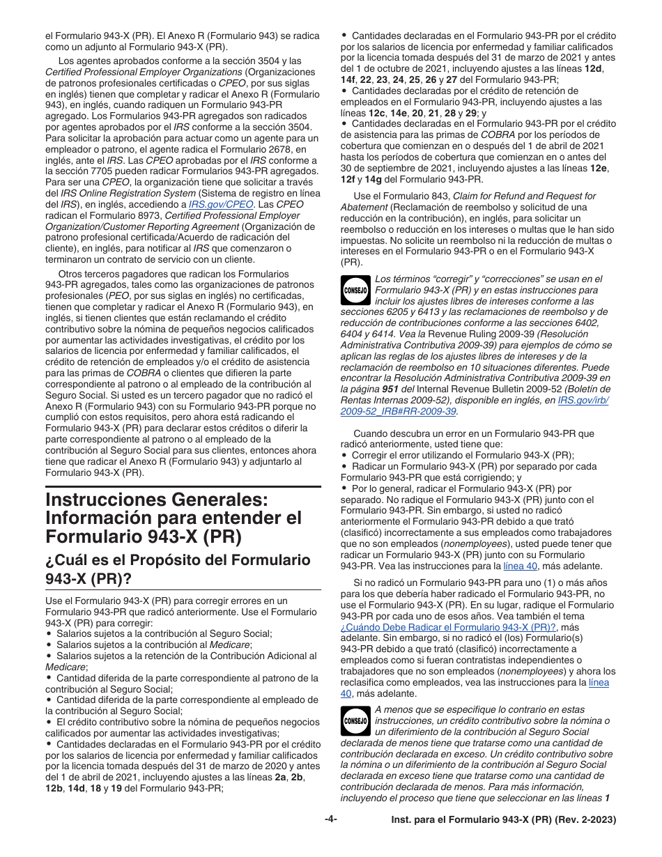 Instrucciones para IRS Formulario 943-X (PR) Ajuste a La Declaracion Federal Anual Del Patrono De Empleados Agricolas O Reclamacion De Reembolso (Puerto Rican Spanish), Page 4