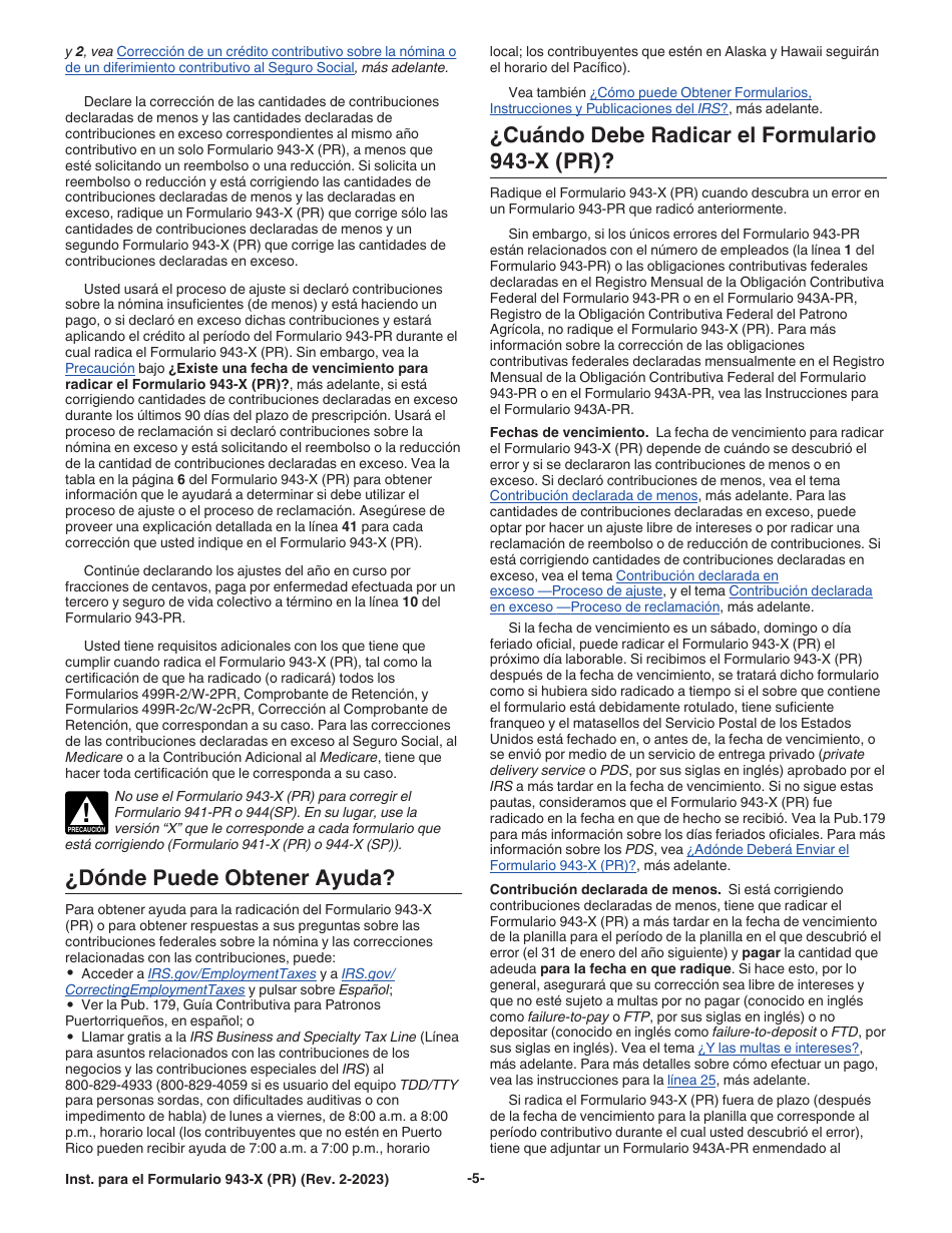 Instrucciones para IRS Formulario 943-X (PR) Ajuste a La Declaracion Federal Anual Del Patrono De Empleados Agricolas O Reclamacion De Reembolso (Puerto Rican Spanish), Page 5