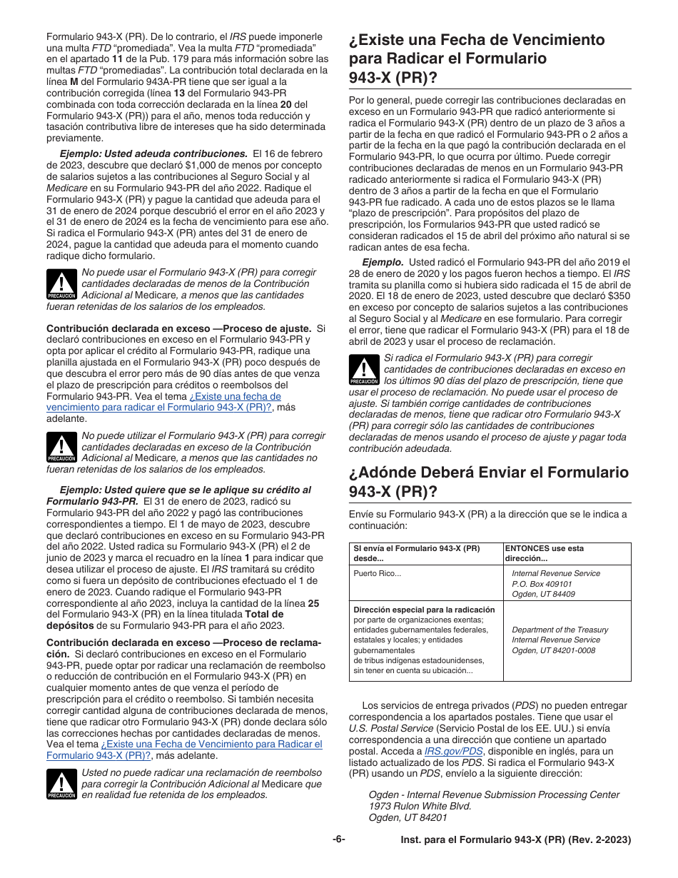 Instrucciones para IRS Formulario 943-X (PR) Ajuste a La Declaracion Federal Anual Del Patrono De Empleados Agricolas O Reclamacion De Reembolso (Puerto Rican Spanish), Page 6