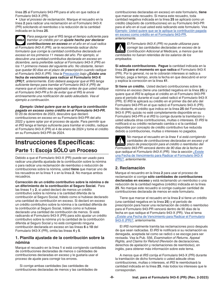 Instrucciones para IRS Formulario 943-X (PR) Ajuste a La Declaracion Federal Anual Del Patrono De Empleados Agricolas O Reclamacion De Reembolso (Puerto Rican Spanish), Page 8