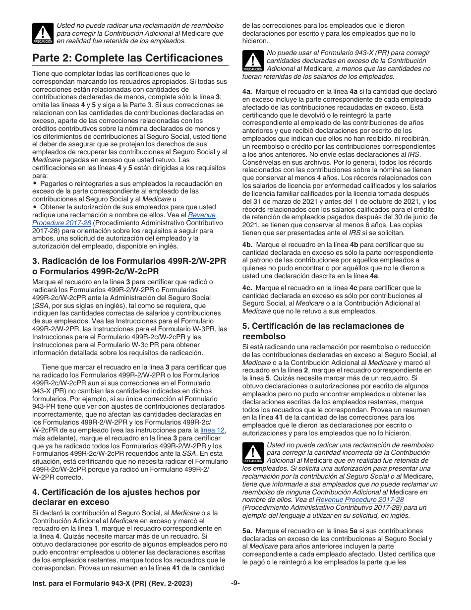 Instrucciones para IRS Formulario 943-X (PR) Ajuste a La Declaracion Federal Anual Del Patrono De Empleados Agricolas O Reclamacion De Reembolso (Puerto Rican Spanish), Page 9
