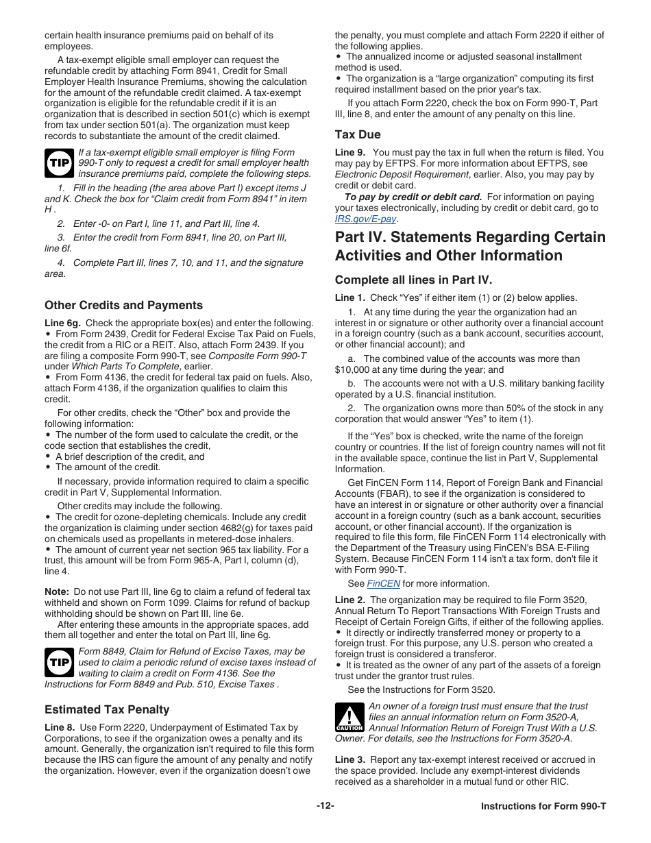Instructions for IRS Form 990-T Exempt Organization Business Income Tax Return (And Proxy Tax Under Section 6033(E)), Page 12