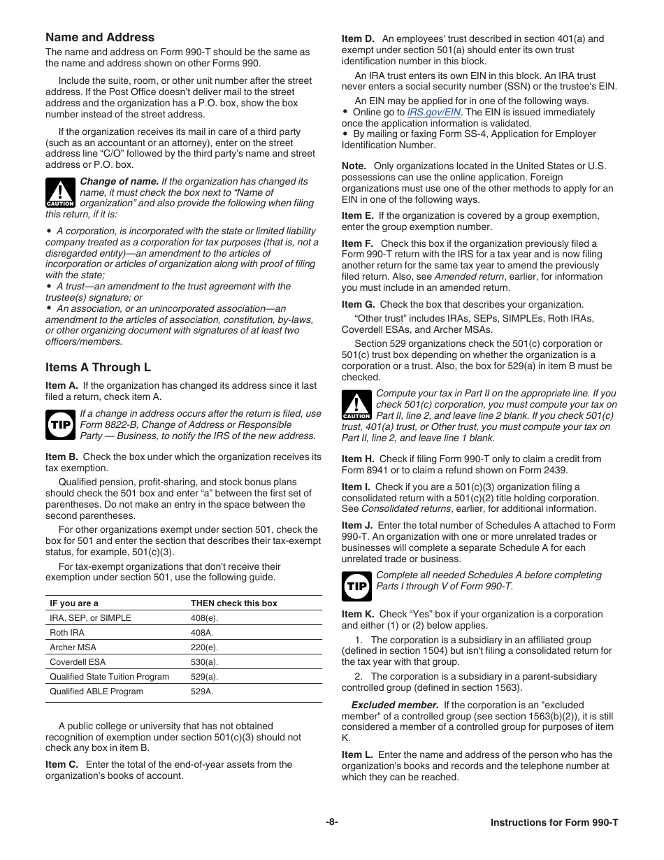 Instructions for IRS Form 990-T Exempt Organization Business Income Tax Return (And Proxy Tax Under Section 6033(E)), Page 8